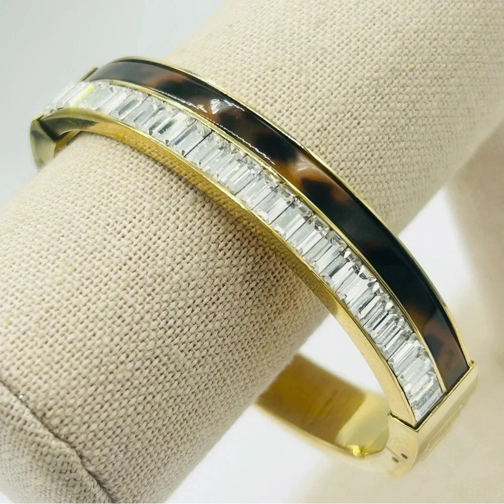 Michael Kors Tortoise and Crystal Baguette Hinged Gold Tone Bangle Bracelet